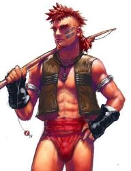 aged_up brown_eyes chrono_cross fishing_rod goatee korcha male_only mohawk_(hairstyle) red_hair rumlockerart tan_skin vest war_paint white_background