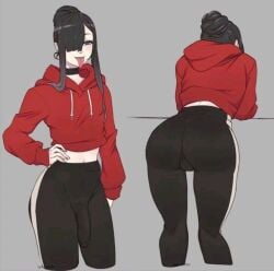 1boy big_ass big_penis black_hair clothed clothing erection erection_under_clothes femboy fully_clothed gyarusatan hair_over_one_eye leggings male male_only rainer_(gyarusatan) short_hair solo