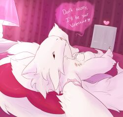 6_nipples 6_tails animal_genitalia anthro balls bed big_balls dialogue fur furniture genitals heart_pillow hi_res himerosthegod lamp looking_at_viewer lying lying_on_bed male milk_and_honey_(himeros) multi_nipple multi_tail nipples on_bed pillow ribbons sheath solo tail white_body white_fur