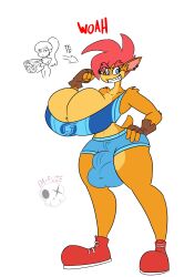 1futa 1girls anthro bandicoot beauty_mark big_breasts blue_clothing blue_eyes bulge_through_clothing crash_bandicoot_(series) da-fuze ear_piercing female female_to_futa fingerless_gloves furrification futa_focus futanari futanari_transformation hourglass_figure metroid orange_fur post_transformation red_hair red_shoes samus_aran solo spiky_hair thick_eyebrows transformation