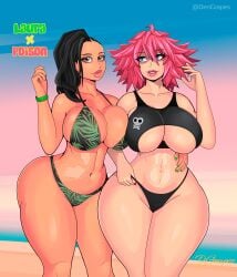 2023 2girls beach big_breasts bikini black_hair blue_eyes brazilian brazilian_female brown_eyes capcom dante-grapes female female_only hi_res laura_matsuda looking_at_viewer messy_hair pink_hair pink_lipstick poison_(final_fight) seaside shaved_side smiling smiling_at_viewer street_fighter street_fighter_v swimsuit thick_thighs wide_hips