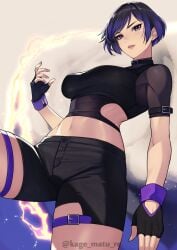 1girls big_ass big_breasts black_and_purple_hair female female_only kagematsuri low-angle_view namco navel nipple_bulge reina_mishima tekken tekken_8 thick_thighs