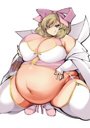 1girls 2022 absurd_res bbw belly breasts brown_hair chubby chubby_female cleavage cleavage_cutout female female_focus garter_straps green_eyes haruka_(senran_kagura) heels huge_belly huge_breasts licking_lips medium_hair seductive seductive_look seductive_smile senran_kagura senran_kagura_(series) simple_background solo solo_female solo_focus squatting thick_thighs thighhighs thighs tsunaakan white_background