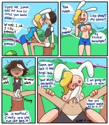 4_panel_comic 4koma adventure_time adventure_time:_fionna_&_cake artist_name asking_for_opinion assertive_female blightstar blonde_hair blush bowtie bunny_ears bunny_hood comic dialogue english english_text erection_pushing_underwear erection_under_clothes female fionna_campbell fionna_the_human_girl flashing flashing_breasts flustered flustered_male fondling fondling_balls getting_erect glasses imminent_fellatio kissing large_breasts licking_bulge male male_pov old_man older_male pov pov_crotch pov_eye_contact seated simon_petrikov sitting standing sweat sweating text undressing vest white_streak younger_female