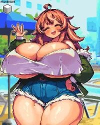 1girls :d ahoge animated artist_name belt blinking blush breasts brown_eyes brown_hair clothing cowboy_shot crt cute freckles freckles_on_breasts freckles_on_face fur_trim gigantic_breasts gigantic_thighs green_jacket hair hands_on_hips happy hyper_breasts hyper_thighs jacket jean_shorts kyosuke_fujiwara light-skinned_female light_brown_hair light_skin long_hair looking_at_viewer milk_engine multicolored_hair off_shoulder open_mouth original original_character outdoors overflowing_breasts parka pixel_art shiny_skin shirt shorter_than_10_seconds shorter_than_30_seconds shorts smile smiling smiling_at_viewer tagme teeth teeth_showing thick_thighs topwear underboob venus_body video waving waving_at_viewer white_shirt