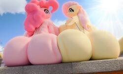 3d 3d_(artwork) ass ass_bigger_than_head ass_focus barely_clothed big_ass breasts bubble_butt fat_ass fluttershy_(mlp) friendship_is_magic giant_ass huge_ass huge_breasts looking_at_viewer massive_ass my_little_pony pink_body pink_hair pinkie_pie_(mlp) presenting_hindquarters public_indecency public_nudity sitting sling_bikini snuddy swimsuit tagme take_your_pick worried_expression yellow_body