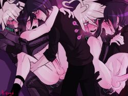 3boys anal armor bigsyo black_pants black_shirt blue_eyes blue_hair completely_nude cumming cumming_inside cumshot danganronpa danganronpa_v3 gay holding_face holding_head holding_legs k1-b0 keebo kiibo kokichi_ouma making_out male_only metallic_body ouma_kokichi purple_eyes purple_hair robot robot_boy saihara_shuuichi shuichi_saihara socks tagme threesome tongue_kiss two_in_one_hole white_hair white_skin yaoi yellow_eyes