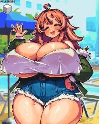 1girls :d ahoge animated animated_gif artist_name belt blinking blush bouncing_breasts breasts brown_eyes brown_hair clothing cowboy_shot crt cute freckles freckles_on_breasts freckles_on_face fur_trim gigantic_breasts gigantic_thighs green_jacket hair hands_on_hips happy hyper_breasts hyper_thighs jacket jean_shorts kyosuke_fujiwara light-skinned_female light_brown_hair light_skin long_hair looking_at_viewer milk_engine multicolored_hair off_shoulder open_mouth original original_character outdoors overflowing_breasts parka pixel_art shiny_skin shirt shorts smile smiling smiling_at_viewer tagme teeth teeth_showing thick_thighs topwear underboob venus_body waving waving_at_viewer white_shirt