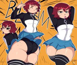 1girls arms_behind_head arms_up ass back_view black_eyes citez clothed female finger_gun freckles freckles_on_ass freckles_on_face kim_pine looking_back panties red_hair scott_pilgrim short_hair skirt_lift thick_thighs tongue_out x-shaped_pupils