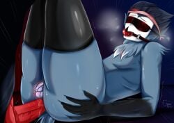 anal_sex anus big_penis black_stockings blindfold blitzo_(helluva_boss) bondage chastity_cage femboy furry gag gagged gay gay_anal gay_domination gay_sex helluva_boss male meowtat small_penis stockings stolas_(helluva_boss)