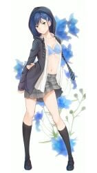 1girls arm_at_side arm_behind_back belly_button black_socks blouse blue_bra bra breasts collarbone darling_in_the_franxx diagonal-striped_clothes diagonal-striped_necktie female flower flower_request frown full_body green_eyes hair_ornament hairclip head_tilt hood hood_up hooded_jacket hoodie ichigo_(darling_in_the_franxx) jacket kanden_sky kneehighs legs_apart loafers looking_at_viewer navel necktie open_clothes open_jacket open_shirt pinup plaid plaid_skirt pleated_skirt school_uniform shirt shoes short_hair simple_background skirt slender_legs small_breasts socks solo stomach striped_clothes striped_necktie thighs tie underwear undone_necktie white_shirt