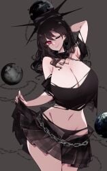 ;) absurdres alternate_color arm_behind_head black_background black_hair black_headwear black_skirt breasts chains chains cleavage earth female groin hecatia_lapislazuli huge_breasts looking_at_viewer medium_hair midriff moon navel one_eye_closed panties plaid_skirt raptor7 red_eyes simple_background skirt skirt_hold smile solo thick_thighs torn_clothes touhou visible_underwear wink