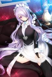 1girls alternate_costume alternate_hairstyle apron black_thighhighs breasts bridal_gauntlets brooch camilla_(fire_emblem) cosplay felicia_(fire_emblem) felicia_(fire_emblem)_(cosplay) female female_only fire_emblem fire_emblem_fates hair_over_one_eye highres jewelry kashiwamochi_yomogi large_breasts long_hair looking_at_viewer maid maid_apron maid_headdress nintendo official_alternate_costume ponytail purple_eyes smile solo sparkle thighhighs very_long_hair wrist_cuffs