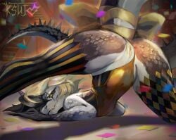 accessory anthro ass ass_up big_butt black_body black_hair bodysuit bodysuit_aside bow_ribbon butt_focus circus circus_tent claws clothed clothing confetti dragon female furgonomics genital_focus genitals gold_body grey_body grey_skin hair horn jack-o'_pose ksujo legwear looking_at_viewer mythological_creature mythological_scalie mythology pose ribbons scales scalie skinsuit smile solo spiked_tail spikes spikes_(anatomy) split_color spotlight spread_legs spreading stage stockings stripe_pattern tail tail_accessory tail_bow tail_ribbon tent thick_thighs tight_clothing vulva vulva_focus white_hair yellow_vulva