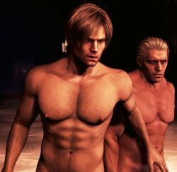 2boys 2humans 2males 3d abs blonde_hair blue_eyes capcom erect_nipples indoor_nudity indoors jack_krauser leon_scott_kennedy lewis_luke light-skinned_male light_skin male/male masculine muscles muscular muscular_male naked naked_male no_visible_genitalia nude nude_male pecs resident_evil resident_evil_4 resident_evil_4_remake scar_on_arm scar_on_face