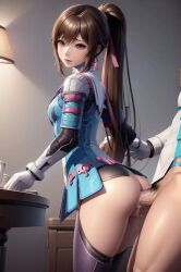 1boy ai_generated anal ass brown_eyes brown_hair clothed clothing cum cum_drip cum_in_ass female ponytail saionji_reimi sex standing standing_position standing_sex star_ocean star_ocean_the_last_hope thighhighs white_gloves