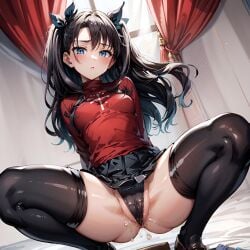 1girls ai_generated arbitrary black_hair blue_eyes cameltoe fate/stay_night fate_(series) hi_res pussy_juice skirt spread_legs squatting stable_diffusion tohsaka_rin