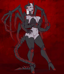 1girls 4_arms arachnid armor beckoning black_sclera breasts demon demon_girl fangs female female_only grabbing_own_breast grey_skin hand_on_hip high_heel_boots horn hourglass_figure huge_breasts multi_arm multi_limb navel pointy_ears pussy red_eyes shaved_pussy smile spider spider_girl surrealkatie thick_thighs thigh_boots white_hair xxlarkxx