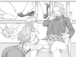 2girls big_breasts black_and_white blush closed_eyes dangling_shoe enjoying female female_only fingering fingering_partner long_hair nami nami_(one_piece) nefertari_vivi one_piece overalls post-timeskip pubic_hair shaking_legs sitting_on_chair sketch skirt_lift skwd smiling spread_legs thousand_sunny wet_fingers wet_pussy yuri