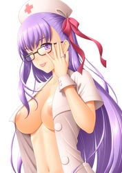 adjusting_clothes adjusting_hat alternate_costume areola_slip areolae bangs bb_(fate) bespectacled black-framed_eyewear blush breasts collarbone commentary_request eyebrows_visible_through_hair fate/extra_ccc fate/grand_order fate_(series) female glasses hair_ribbon hat highres jewelry long_hair medium_breasts navel nipple_slip nipples no_bra nurse nurse_cap one_eye_closed open_clothes pink_ribbon purple_eyes purple_hair red_cross ribbon ring short_sleeves simple_background sin-go smile solo straight_hair tongue tongue_out unbuttoned upper_body white_background wrist_cuffs