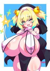 :3 :d alternate_breast_size areola_slip blush bombergirl brat bratty cute_fang female gigantic_breasts gigantic_thighs hands_on_own_chest hyper_breasts mesugaki nun nun's_habit nun_outfit pine_(bombergirl) shortstack smug thighhighs