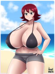 1girls azraelwebster beach bikini bikini_top black_eyes breasts female freckles freckles_on_breasts freckles_on_face freckles_on_shoulders kim_pine massive_breasts nipple_bulge red_hair scott_pilgrim seaside short_hair solo solo_female swimsuit thick_thighs