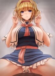 1boy @_@ akehi_yuki alice_margatroid bangs blonde_hair blue_dress blush breasts capelet censored commentary cum cum_in_pussy cum_inside dark-skinned_male dark_skin double_v dress eyebrows_visible_through_hair female grey_background hands_up large_breasts looking_at_viewer mosaic_censoring no_panties penis petticoat pink_neckwear pussy red_eyes sash sex short_dress short_hair spread_legs straight symbol_commentary thighs touhou v vaginal_penetration white_capelet