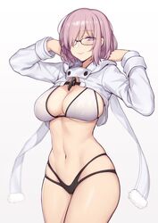 chaldea_uniform evan_yang fate/grand_order fate_(series) glasses mash_kyrielight medium_breasts purple_eyes purple_hair short_hair swimsuit