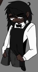 apron_only black_hair boner dark-skinned_male dark_skin hard_on male_only no_shading percy_(npetryck) pink_eyes simple_coloring toony toony_face waiter