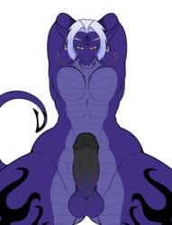 2019 alpha_channel amber_eyes anthro balls dragon ear_piercing ear_ring eastern_dragon erection eroborus hair hands_behind_head hi_res hook_tail looking_down male male_only markings multicolored_hair muscular muscular_male nude pecs penis piercing scalie simple_background solo transparent_background two_tone_hair whiskers zen_(character)