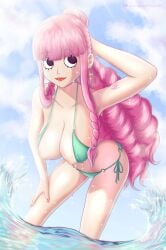 bikini bikini_aside breasts breasts_exposed breasts_out cartoon_eyes earrings female female_only green_bikini hiyozuki lipstick one_piece perona pink_hair pink_tattoo red_lipstick solo tattoo water