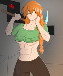 1girls abs alex_(minecraft) cave clothing ginger ginger_hair green_eyes medium_hair minecraft muscular muscular_female orange_hair pickaxe shirt shirt_lift spider_(minecraft) sweat sweatdrop