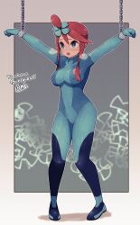 1girls 5_fingers blue_bodysuit blue_eyes bodysuit bondage breasts breath chains clothing cosplay english_text eyes female female_focus female_only hair hair_ornament human human_only lamb-oic029 large_breasts metroid mouth nintendo nipple_bulge open_eyes open_mouth png pokemon pokemon_bw red_hair samus_aran samus_aran_(cosplay) short_hair sidelocks signature skeb_commission skyla_(pokemon) solo standing text tight_clothing topknot wrist_cuffs zero_suit