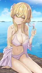 1girls beach bikini blonde_hair breasts clouds genshin_impact hair_flower holding_popsicle large_breasts looking_at_viewer lumine_(genshin_impact) midriff navel o-los o-ring o-ring_bikini o-ring_swimsuit ocean open_shirt outside pink_bikini pink_shirt pink_swimsuit popsicle rock shirt short_hair sidelocks sitting_on_rock sky solo_female swimsuit water yellow_eyes