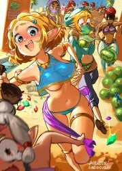 2boys 6+girls alternate_costume beard blonde_hair blue_panties breasts characterful chasing crop_top crossdressing facial_hair fleeing food fruit ganondorf gerudo gerudo_link gerudo_set_(zelda) grey_hair large_breasts laughing link medium_breasts multiple_boys multiple_girls nintendo no_bra official_alternate_costume panchira panchira_(running) panties paya_(the_legend_of_zelda) pointy_ears princess_zelda red_hair running rupee_(zelda) see-through sheikah_slate short_hair smile snegovski tears_of_the_kingdom the_legend_of_zelda the_legend_of_zelda:_breath_of_the_wild the_legend_of_zelda:_tears_of_the_kingdom thigh_gap thigh_strap underboob wardrobe_malfunction watermelon zelda_(tears_of_the_kingdom)