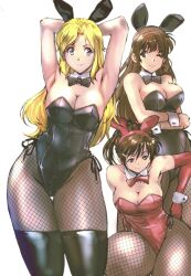 3girls black_leotard blonde_hair blue_eyes bowtie breasts brown_eyes brown_hair bunny_ears bunnysuit detached_collar earrings elbow_gloves fake_animal_ears female fishnet_pantyhose fishnets gloves kamisimo_90 large_breasts leotard long_hair looking_at_viewer original pantyhose playboy_bunny ponytail red_leotard thighhighs wrist_cuffs