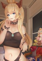 2girls armlet bare_shoulders bed black_panties blonde_hair blouse blue_eyes bowsette bracelet breasts breasts_apart bustier character_doll cleavage collar cowboy_shot creture crown earrings facing_viewer fangs frontal_wedgie gloves goomba horns indoors jealous jewelry koopa looking_at_viewer mario_(series) medium_breasts mouth_hold multiple_girls multiple_others navel new_super_mario_bros._u_deluxe nintendo nurumaru_yu overalls panties panty_pull pillow pointy_ears princess princess_peach red_shirt ring royalty shirt shoes small_breasts spiked_armlet spiked_bracelet spiked_collar spikes standing stuffed_toy super_crown unworn_clothes window window_blinds