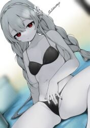 1girls artist_signature bikini bikini_bottom bikini_top bra braid braided_hair e_draw_paint female female_only flower flower_in_hair long_hair looking_at_viewer pale_skin panties pointy_ears red_eyes silver_hair sitting small_breasts twin_braids twintails vampire vampire_girl