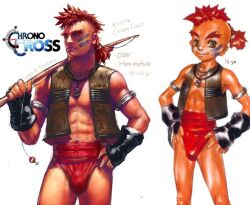 aged_up brown_eyes chrono_cross fishing_rod goatee korcha male_only mohawk_(hairstyle) red_hair rumlockerart tan_skin vest war_paint white_background