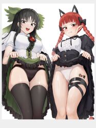 2girls 3_eyes absurdres animal_ears black_bow black_eyes black_hair black_panties black_thighhighs blush bow braid breasts buttons cat_ears cat_girl cat_tail center_frills clenched_teeth collared_shirt dress frilled_dress frills frown goback green_bow hairbow japanese_text large_breasts lifted_by_self long_hair looking_at_viewer low_twin_braids medium_breasts multi_eye multiple_girls open_mouth panties pointy_ears puffy_sleeves red_eyes red_hair rin_kaenbyou shirt shy simple_background tail teeth thighhighs thighs touhou twin_braids underwear utsuho_reiuji white_background white_panties white_shirt