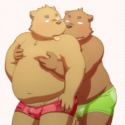 2012 anthro barazoku belly blush bulge clothing duo grope hug hugging_from_behind humanoid_hands male mammal moobs nipples overweight overweight_male penis penta002 tongue tongue_out underwear ursid yaoi