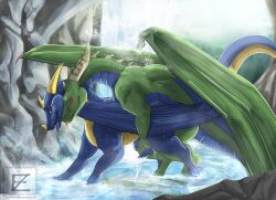 anal anal_sex belly_scales blue_body blue_scales dorsal_spikes dragon duo ejaculation_while_penetrated facial_horn feral green_body green_scales hi_res horn male male/male mikes mirx nose_horn penetration rock scales scalie scaly_tail tail water white_horn yellow_body yellow_horn yellow_nose_horn yellow_scales zweikopfeinhorn