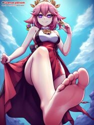 ai_generated barefoot feet foot_fetish foot_focus from_below gamarjobson genshin_impact pink_hair pov pov_feet purple_eyes sole_female toes yae_miko