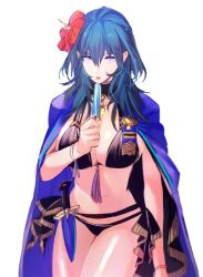 1girls alternate_costume bikini black_bikini black_swimsuit blue_cape blue_hair breasts byleth_(female)_(fire_emblem) byleth_(female)_(summer)_(fire_emblem) byleth_(fire_emblem) byleth_(fire_emblem)_(female) cape cleavage commentary_request cowboy_shot dagger female female_only fire_emblem fire_emblem:_three_houses fire_emblem_heroes flower food hair_flower hair_ornament holding holding_food knife large_breasts long_hair nintendo official_alternate_costume popsicle purple_eyes red_flower revision sheath sheathed solo standing stomach swimsuit thighs tsukimura_noe weapon