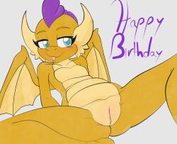 anthro blep dragon english_text featureless_chest female flat_chested forked_tongue friendship_is_magic genitals happy_birthday hasbro hi_res horn my_little_pony nude orange_body pussy reclining simple_background smolder_(mlp) solo spread_legs spreading stardustpony teal_eyes text tongue tongue_out vagina white_background wings