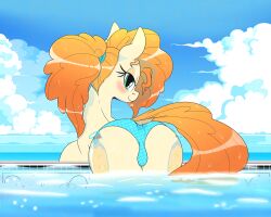 absurd_res anus_outline ass blush clothed clothing equid equine eyelashes female feral friendship_is_magic hair hasbro hi_res huge_filesize looking_at_viewer looking_back mammal my_little_pony nicelydrawnfillies pear_butter_(mlp) pupils smile solo swimwear thick_thighs