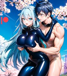 ai_generated bodysuit breasts female kuriboh_ex_(artist) latex latex_suit male/female oppai pussy rubber rubber_suit turquoise_eyes turquoise_hair