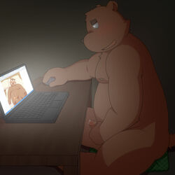 2012 anthro ass barazoku belly brown_fur computer erection fur humanoid_hands humanoid_penis male male_only mammal masturbation moobs nipples overweight overweight_male penis penta002 sitting suid suina sus_(pig) ursid wild_boar