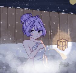 1girls amiya_aranha_(artist) amiya_aranha_(vtuber) blue_eyes breasts eyebrows_visible_through_hair female female_only hair_bun hot_spring indie_virtual_youtuber light-skinned_female light_skin looking_at_viewer night onsen outdoors pixel_art purple_hair snow solo towel towel_only tsunderia virtual_youtuber water