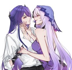 acheron_(honkai:_star_rail) black_swan_(honkai:_star_rail) dress formal formal_wear glaciel0602 hair_accessory hand_on_ass holding_chin holding_hands honkai:_star_rail honkai_(series) hoyoverse looking_at_each_other purple_dress purple_eyes purple_hair smile suit veil watermark white_shirt yuri